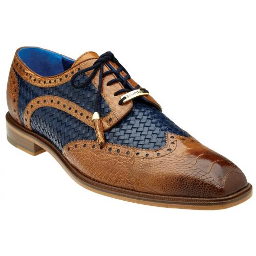 Belvedere "Gerry" Antique Almond / Navy Blue Genuine Ostrich / Italian Woven Calfskin Lace-up Shoes R24.